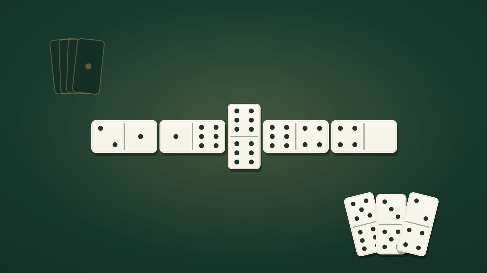 A double-six domino set part-way through a game on a dark green table, the line of play snaking across the felt with the boneyard face down to one side.